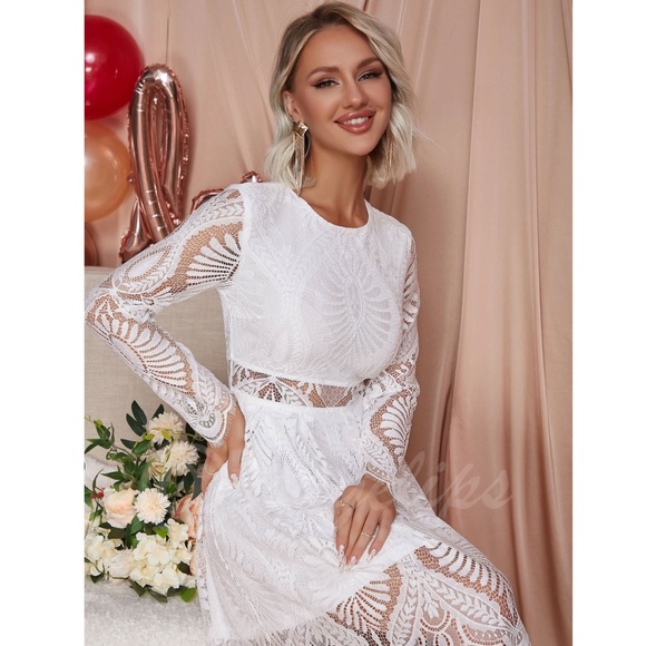 White Elegant Dress Scallop Trim, Zipper Closure Long Sleeve Short, Mini, Lace - Picture 4 of 16